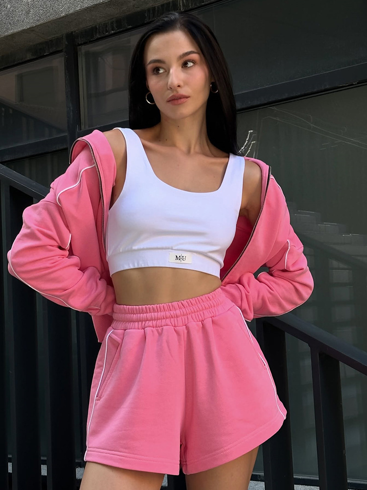 Striped Two-Piece Lounge Set with Long Sleeve Zip-Up Collared Top and Elastic Waist Shorts