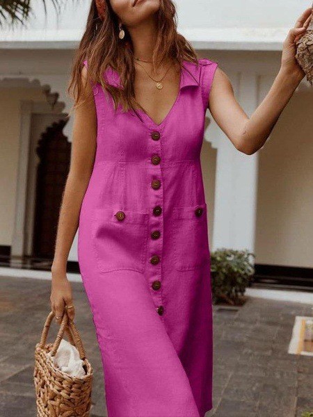 Women's Solid Sleeveless A-Line Midi Dress with Collar and Pockets