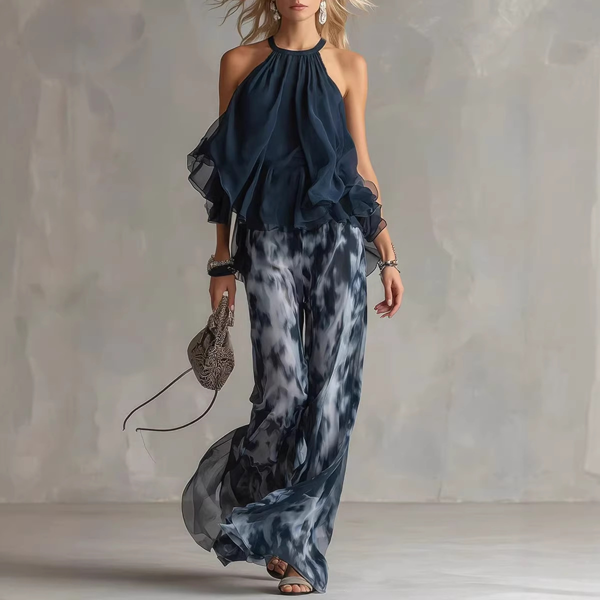 Sleeveless Halter Top and Printed Wide-Leg Chiffon Pants Set