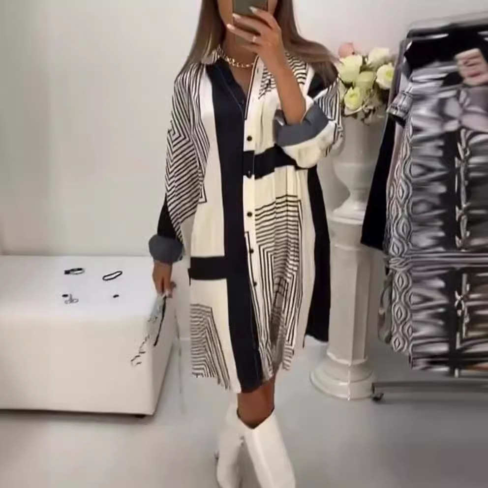 Women's Loose Fit Printed V-Neck Long Sleeve Midi Dress