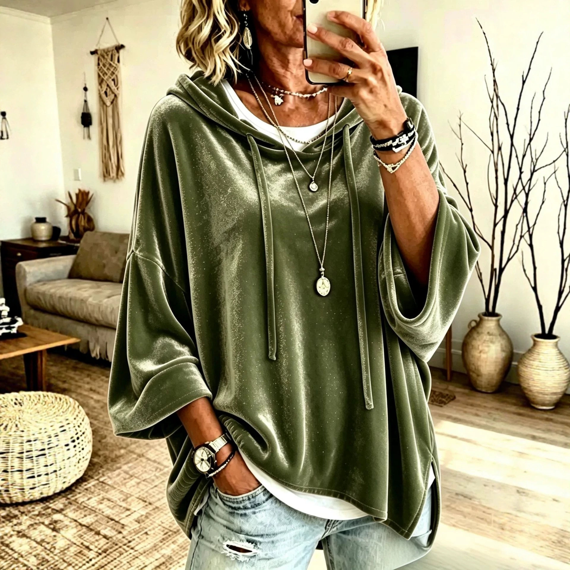 Solid Color 3/4 Sleeve Hooded Drawstring Loose Casual Sweatshirt for Women