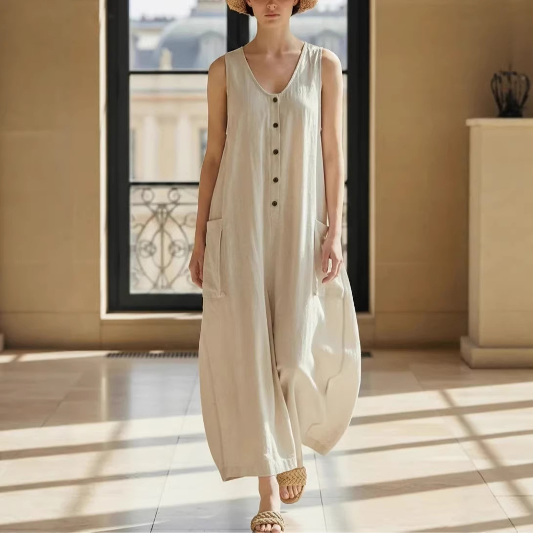 Women's Linen-Blend Button-Front Collared Sleeveless Wide-Leg Jumpsuit