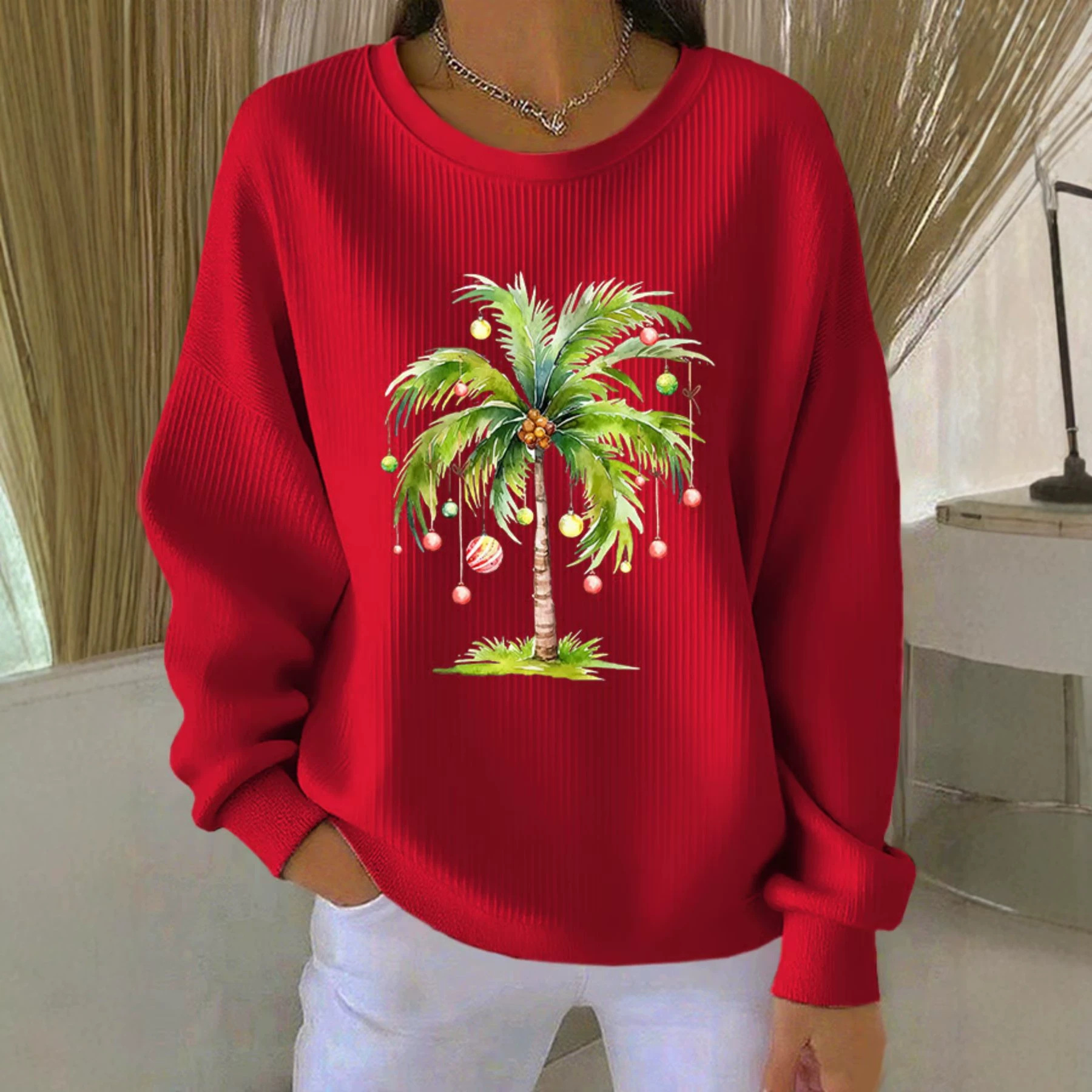 Coconut Tree Fruit Print Crewneck Long Sleeve Pullover Sweatshirt