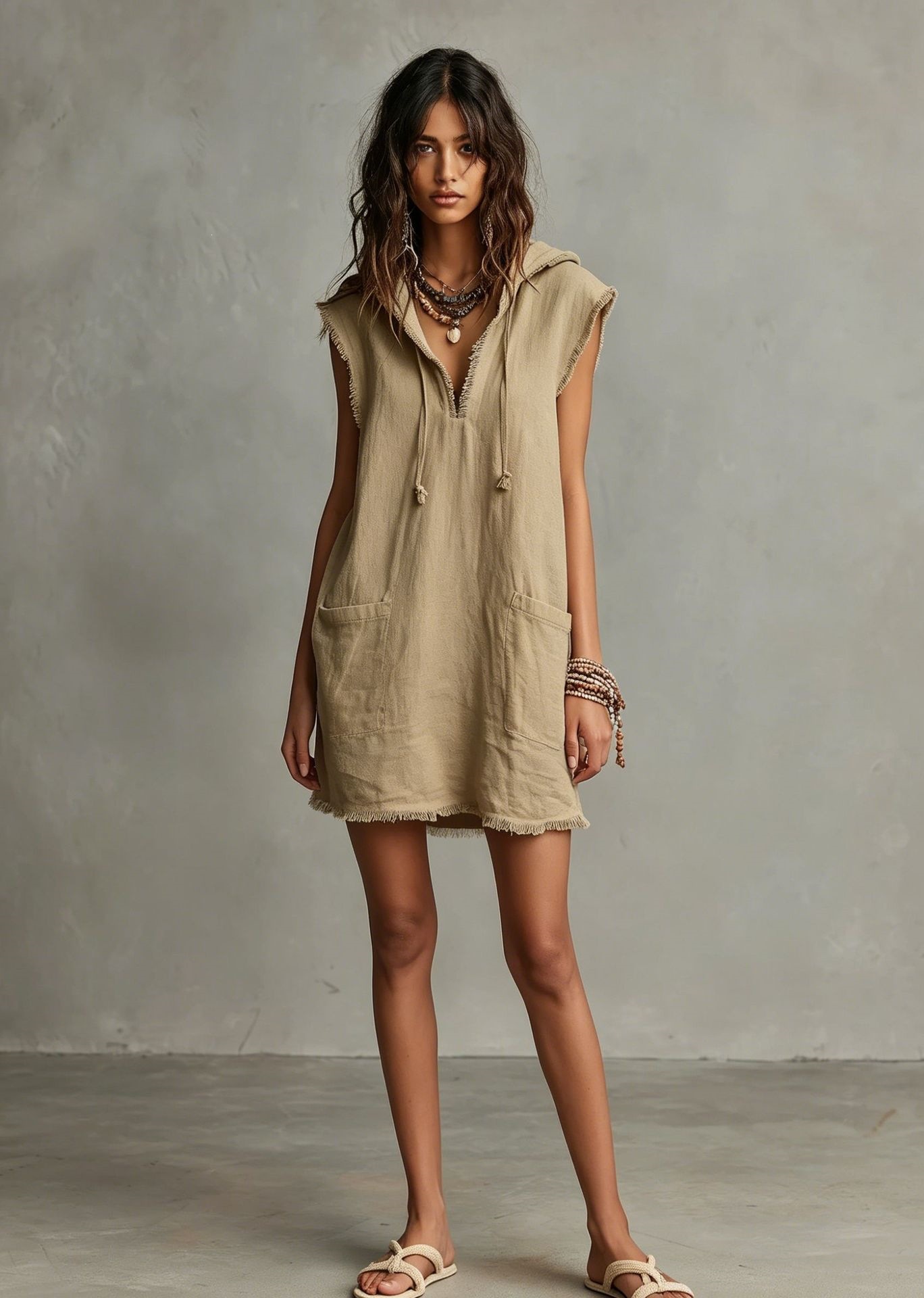 Women's V-Neck Linen-Blend Sleeveless Mini Dress with Hood and Raw Hem