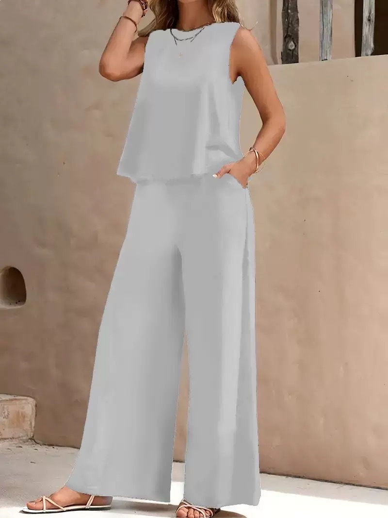 Solid Color Two-Piece Tank Top and Wide-Leg Pants Set