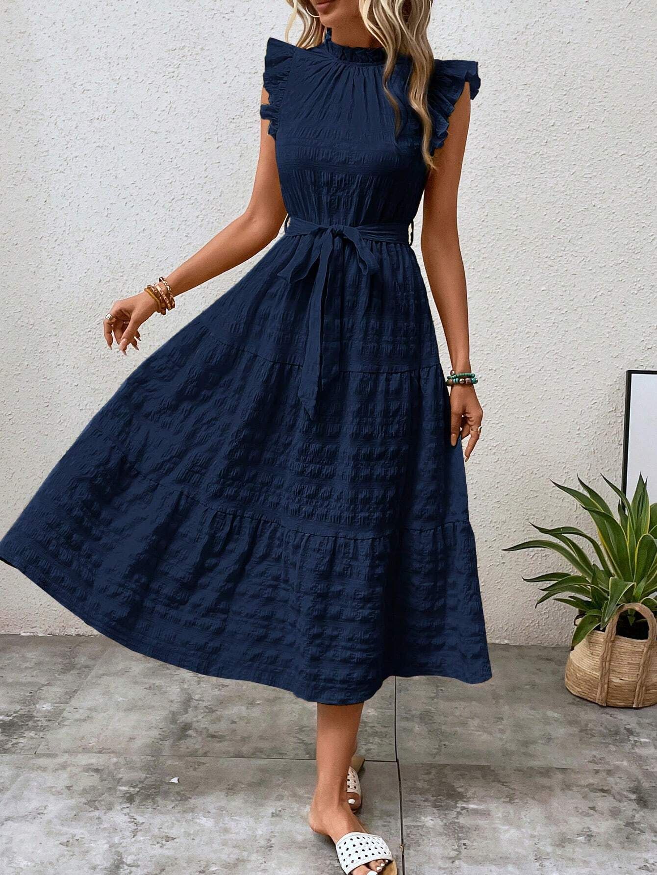 Women's Summer Ruffle Trim Flutter Sleeve Tie Textured Dress