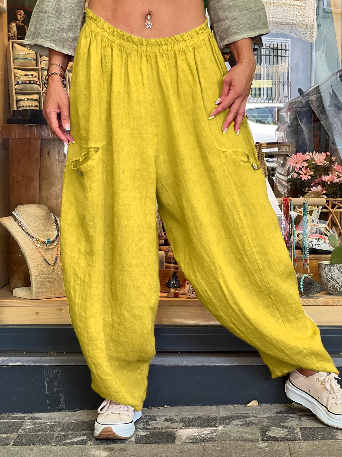 Women's Loose Wide-Leg Cotton-Linen Pants with Pockets Solid Color