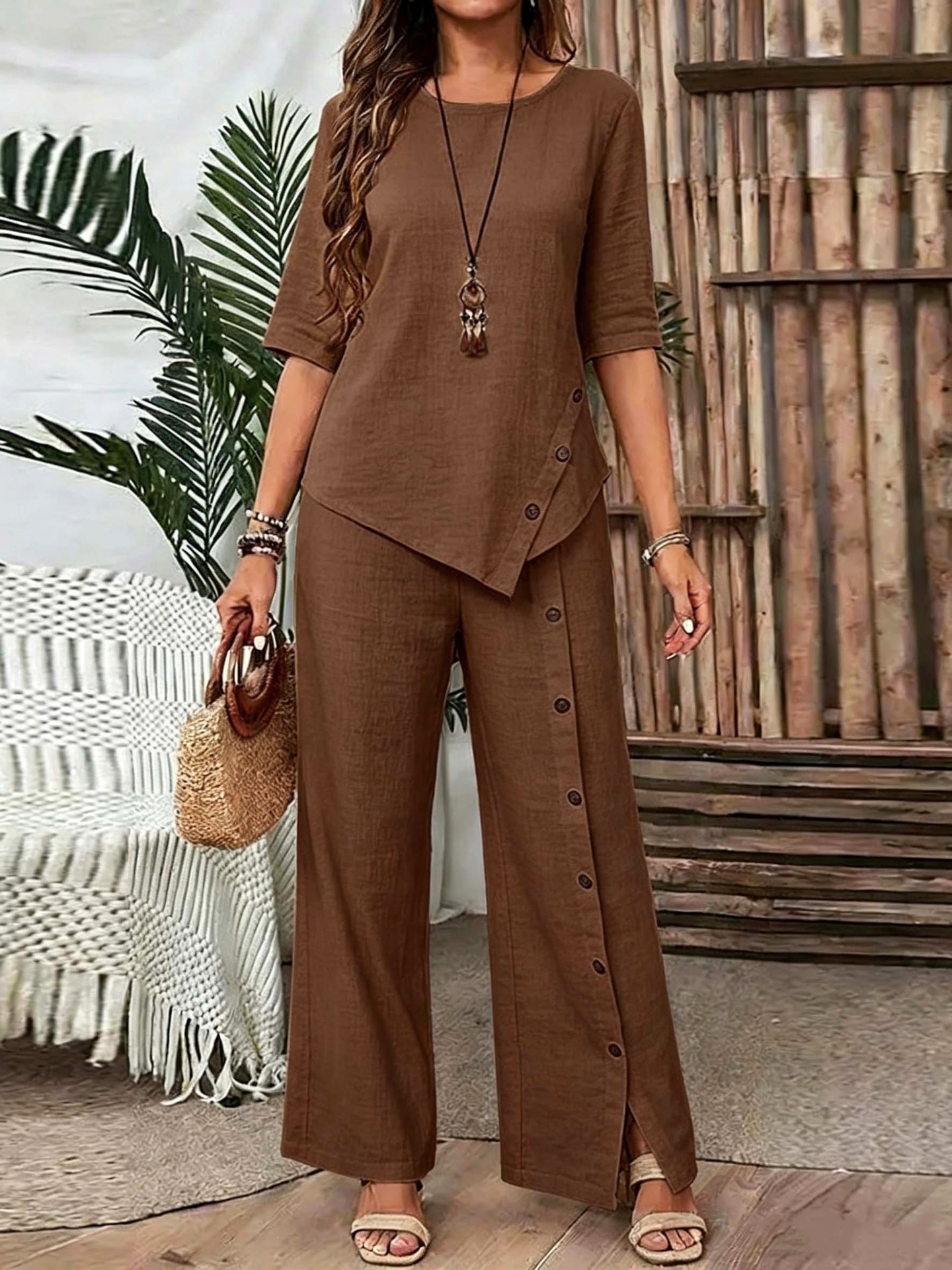 Women's Asymmetrical Hem Button Half-Sleeve Shirt and Pants Set