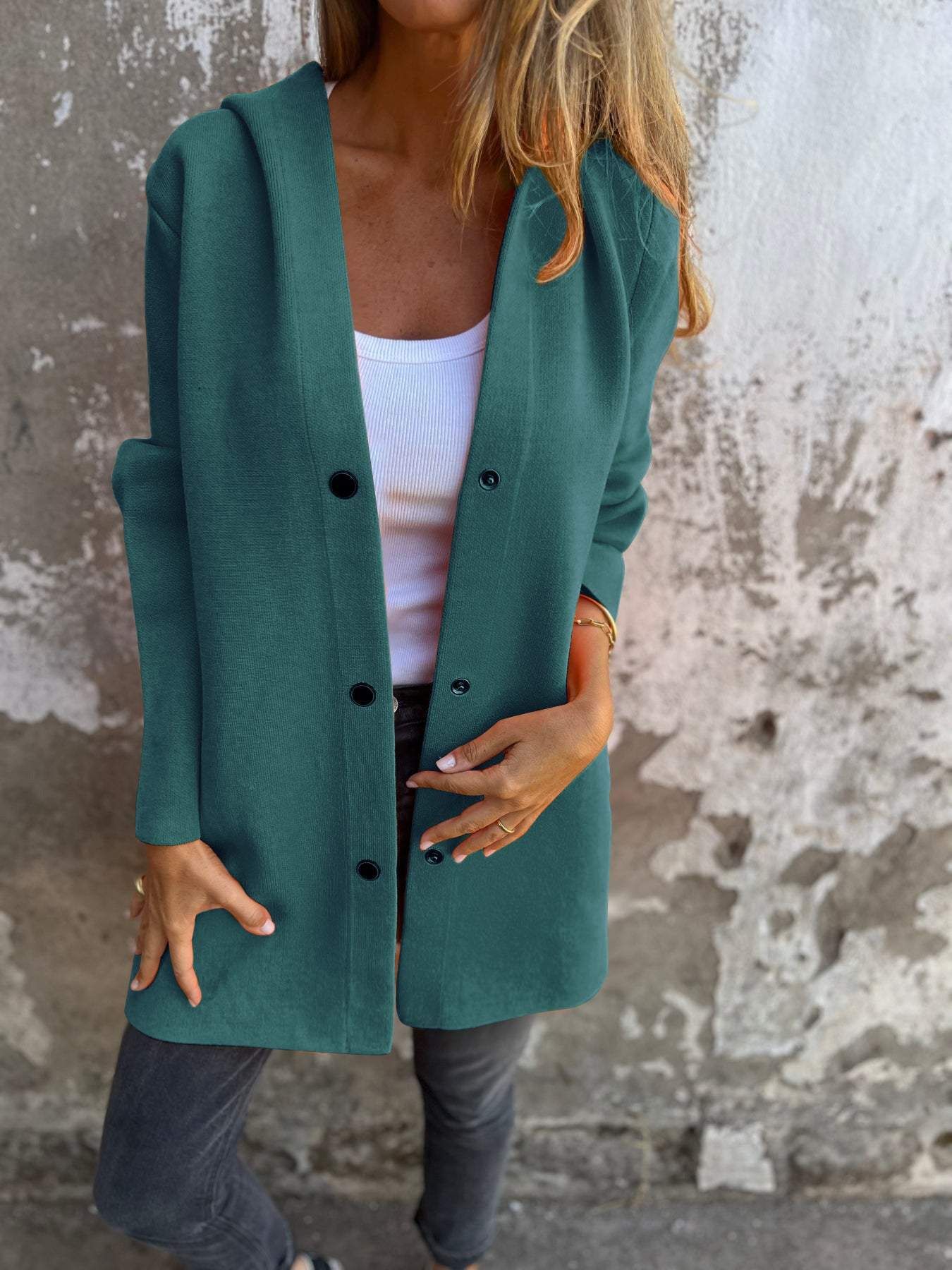 Women's Solid Color Casual Hooded Single-Breasted Jacket