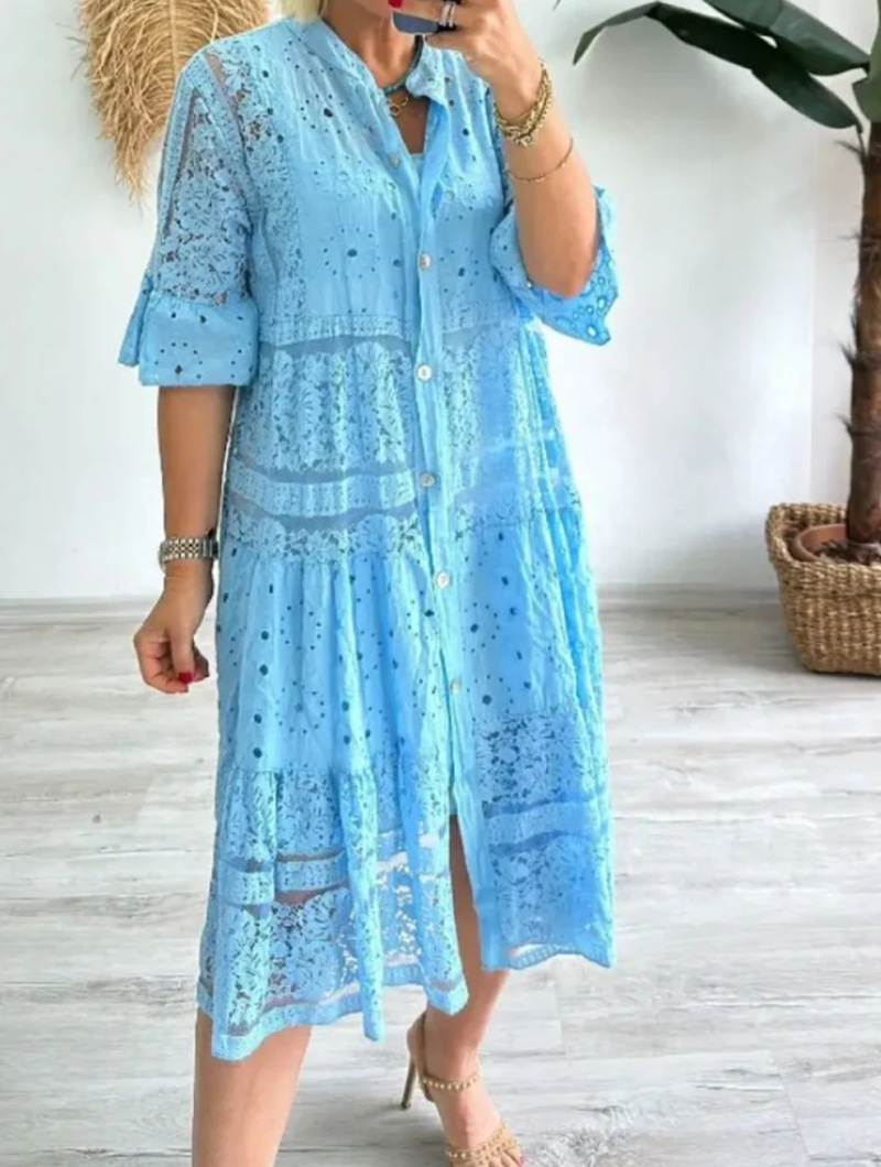 Women's Solid V-Neck Button Lace Panel Midi Dress