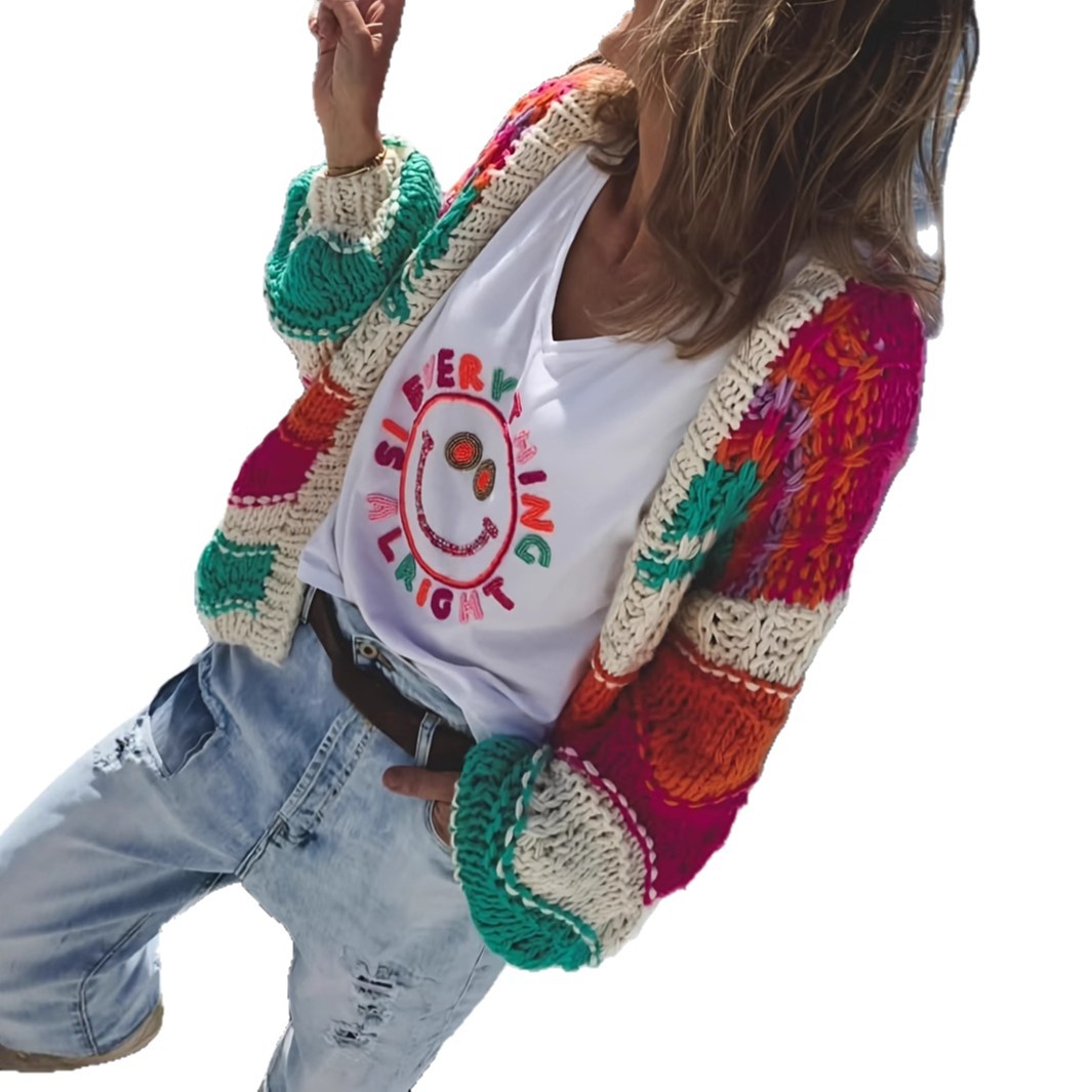 Women's Color-Block Striped Chunky Knit V-Neck Cardigan Sweater