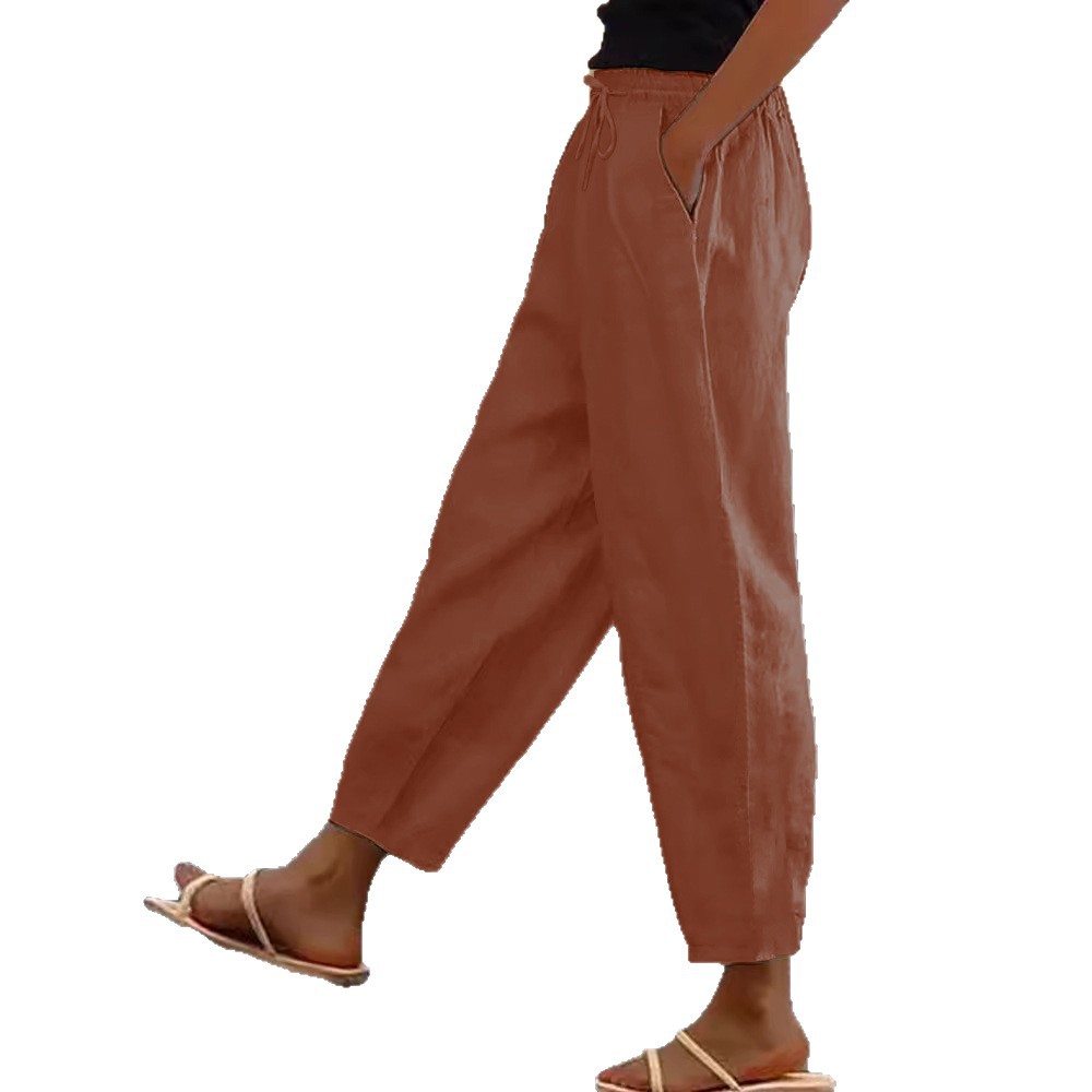 Women's Cotton-Linen Wide-Leg Cropped Pants with Side Pockets and Elastic Waist