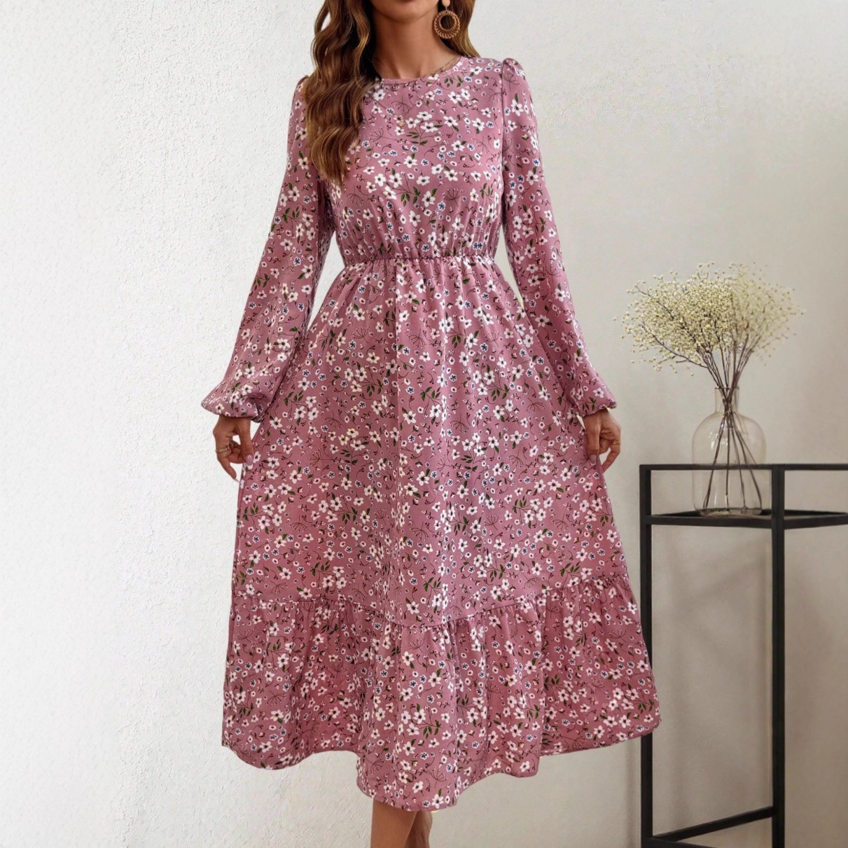 Milk Silk Long Sleeve Floral High Waist A-Line Dress
