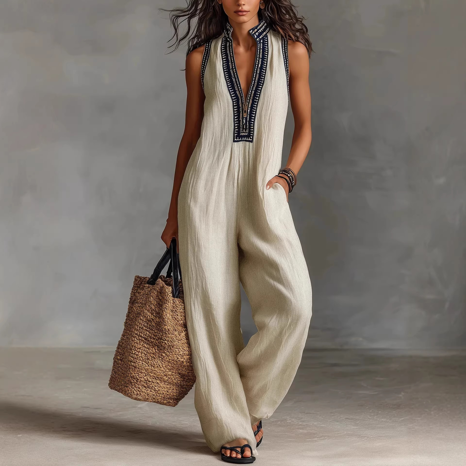 Women's Linen-Blend Sleeveless Zip-Front Jumpsuit