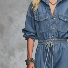 Western V-Neck Denim Jumpsuit Retro Casual Long Sleeve