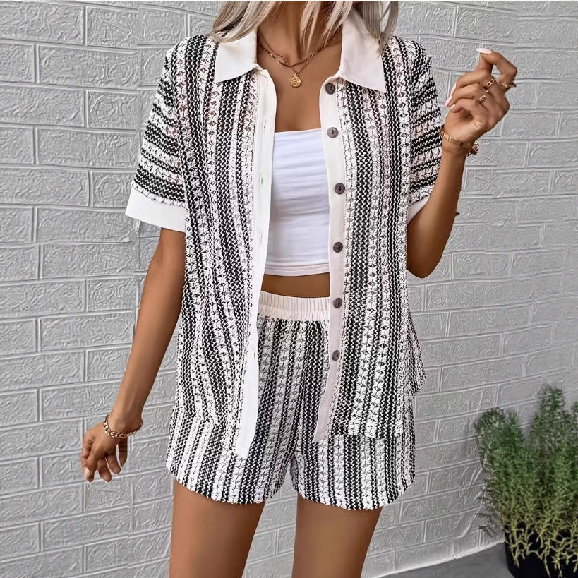 Striped Knit Collared Cardigan and Shorts Set