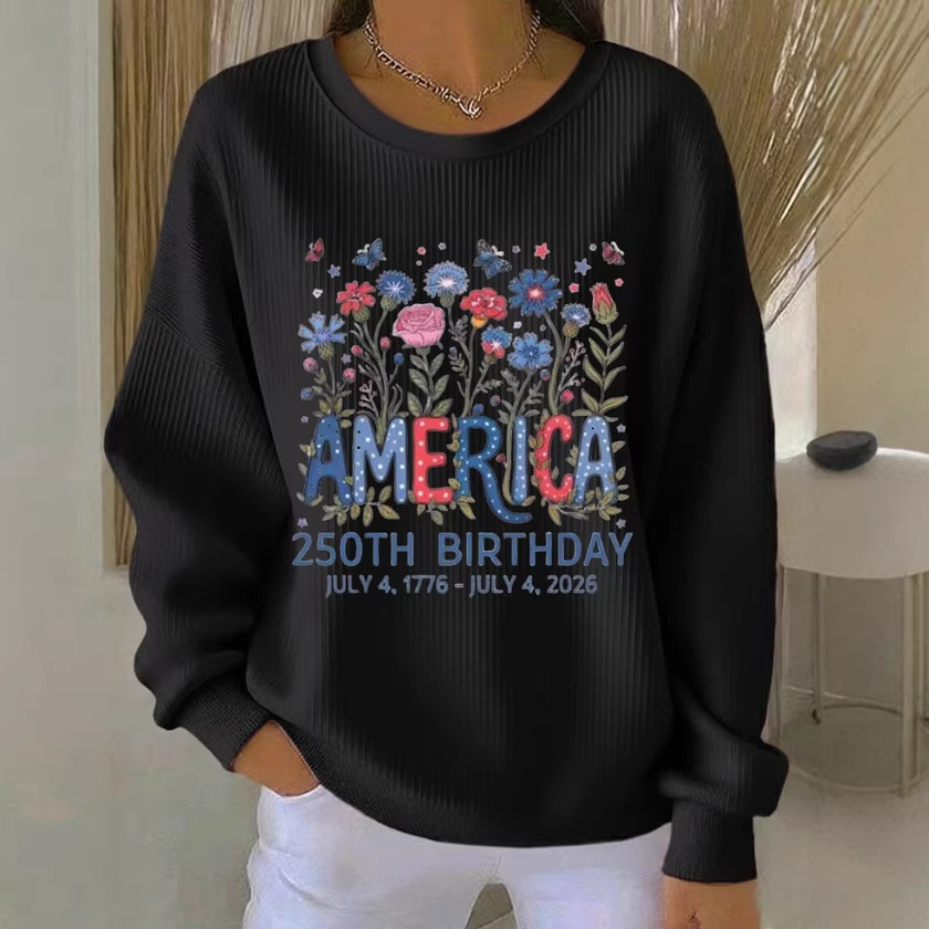 Women's Crewneck Sweatshirt with American Letter Star Flower Print