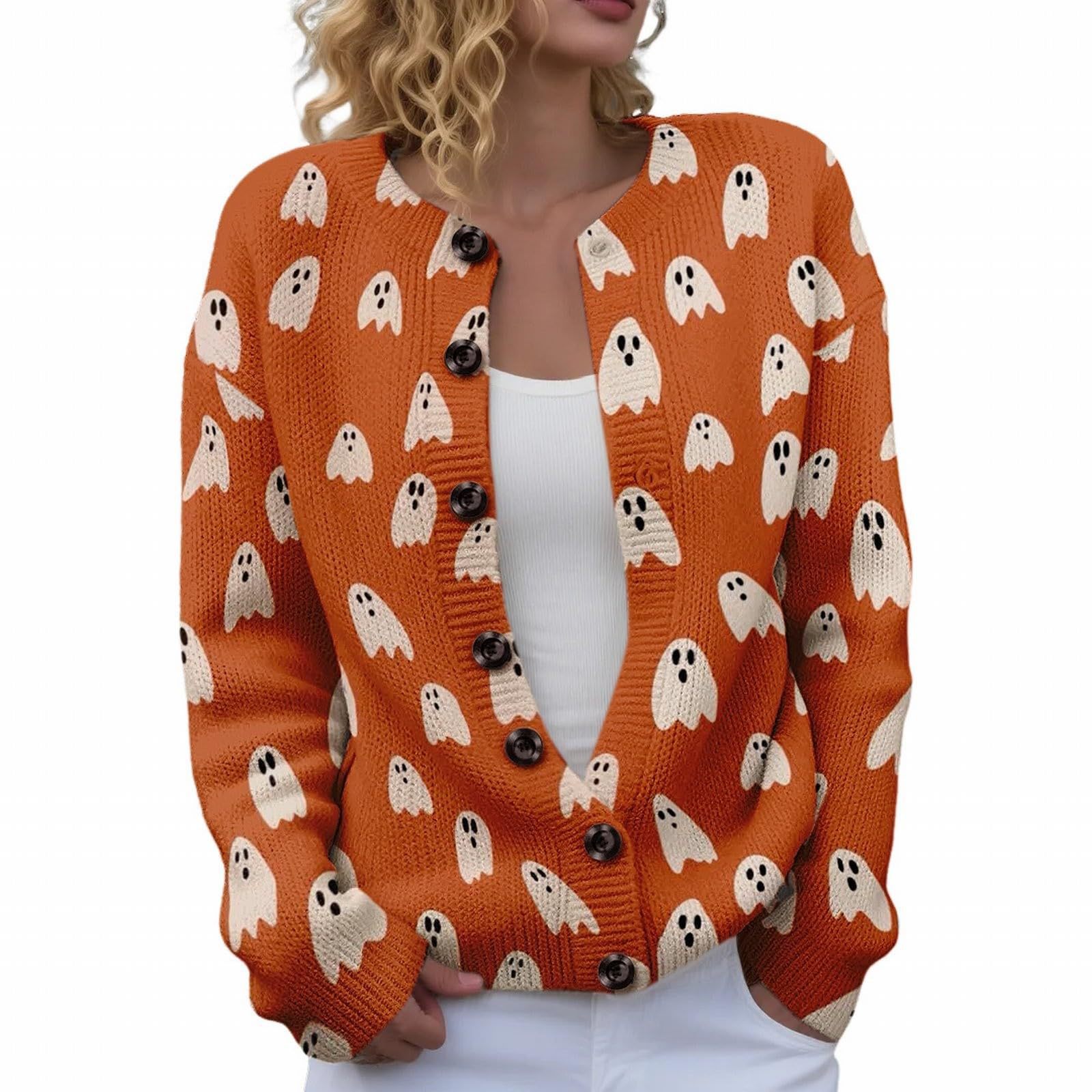 Women's Halloween Ghost Pumpkin Print Button Cardigan Sweater