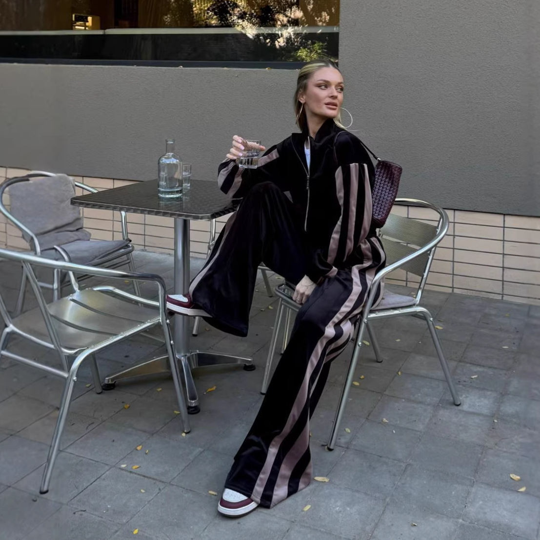 Striped Velvet Stand-Collar Long-Sleeve Top & Wide-Leg Pants 2-Piece Set