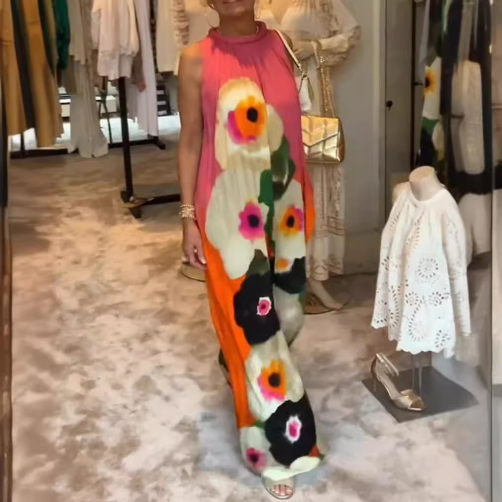 Colorful Floral Print Sleeveless Round Neck Maxi Dress