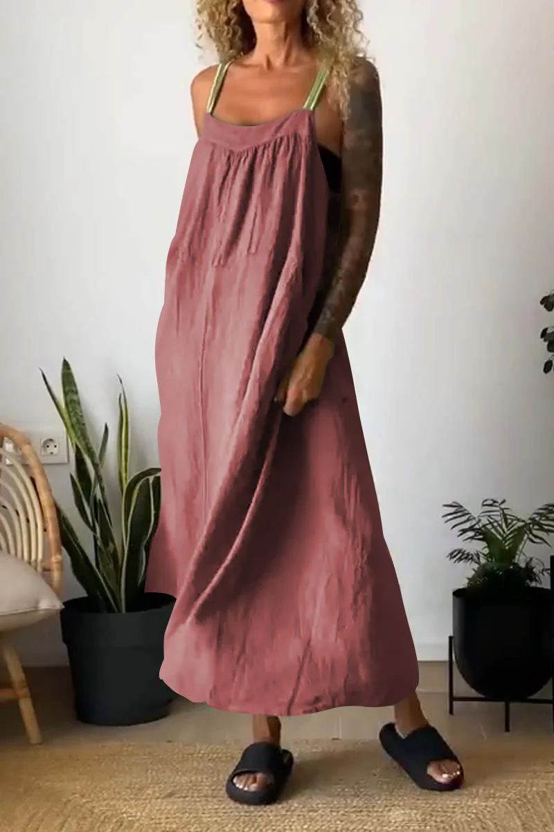 Women's Cotton Linen Sleeveless Pinafore Dress Casual Solid Color Long Dress