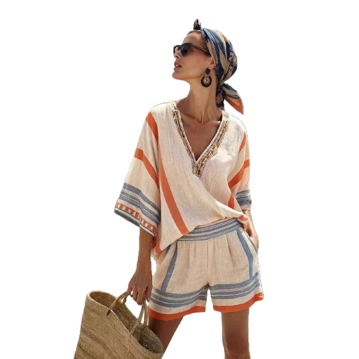 V-Neck Striped Two-Piece Casual Set Women's Loose Fit