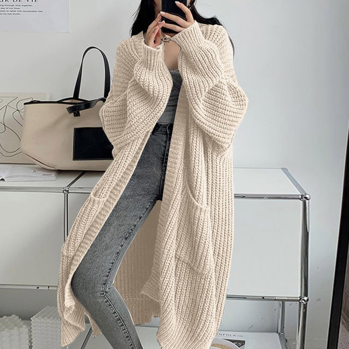 Women's Long Over-Knee Knit Cardigan Loose V-Neck Open Front Sweater Coat