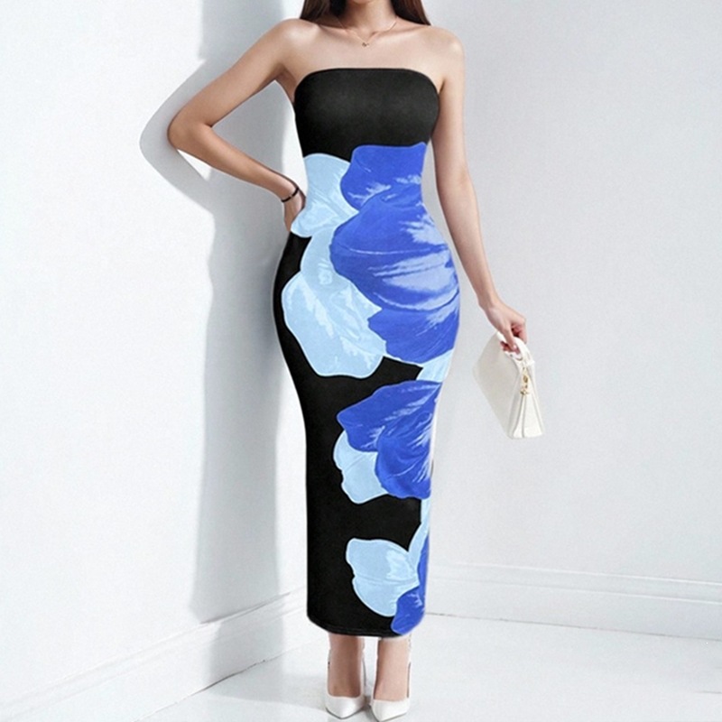 Sexy Printed Tube Top Split Bodycon Dress