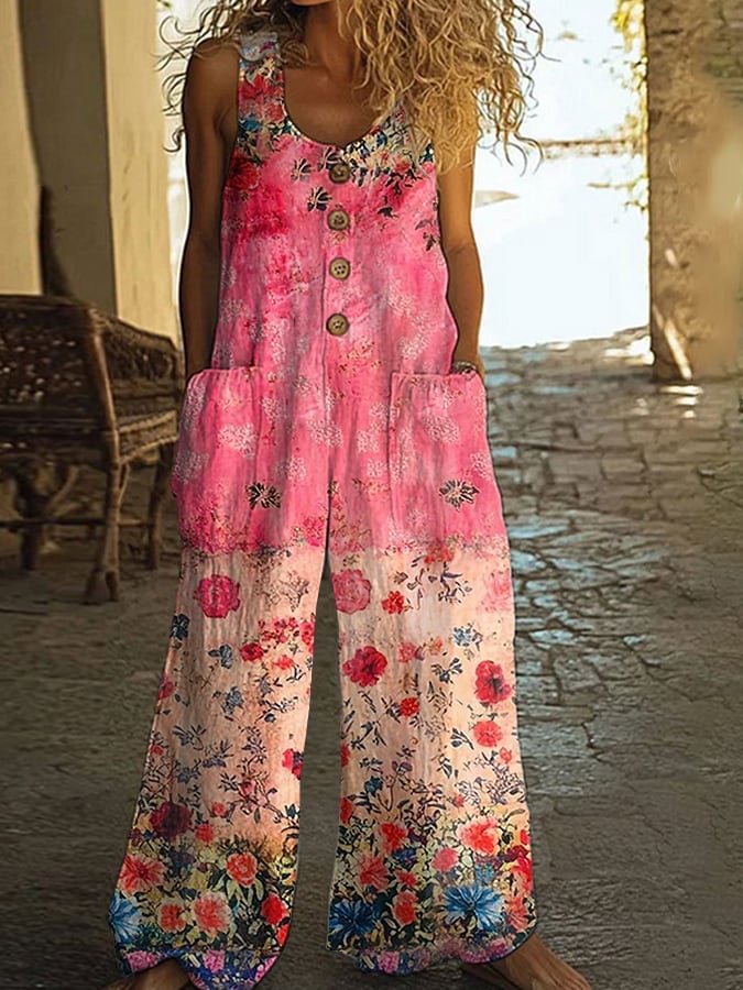 3D Floral Print Sleeveless Jumpsuit with Pockets