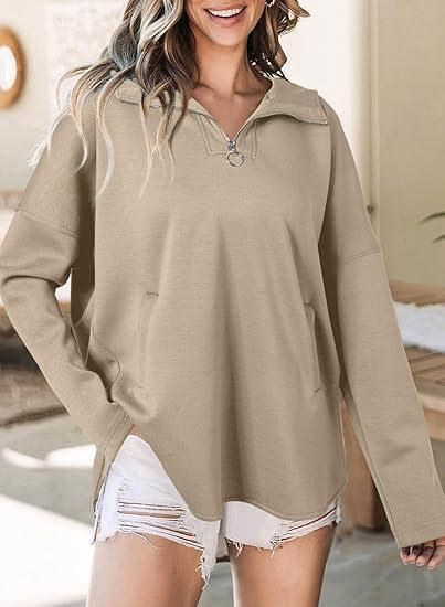 Oversized Collared Pullover Hoodie with Zip and Long Sleeves