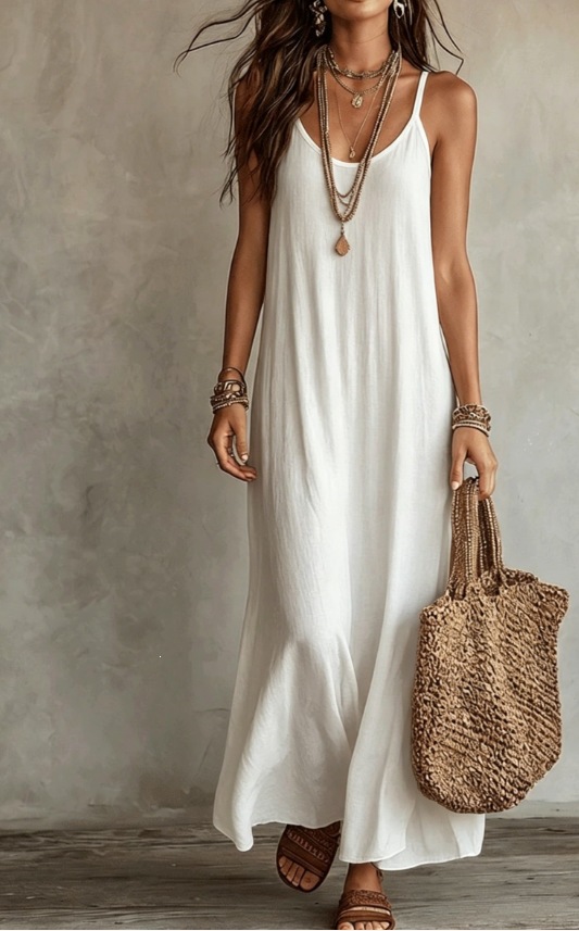 Boho Solid Color V-Neck Cami Dress Relaxed Fit