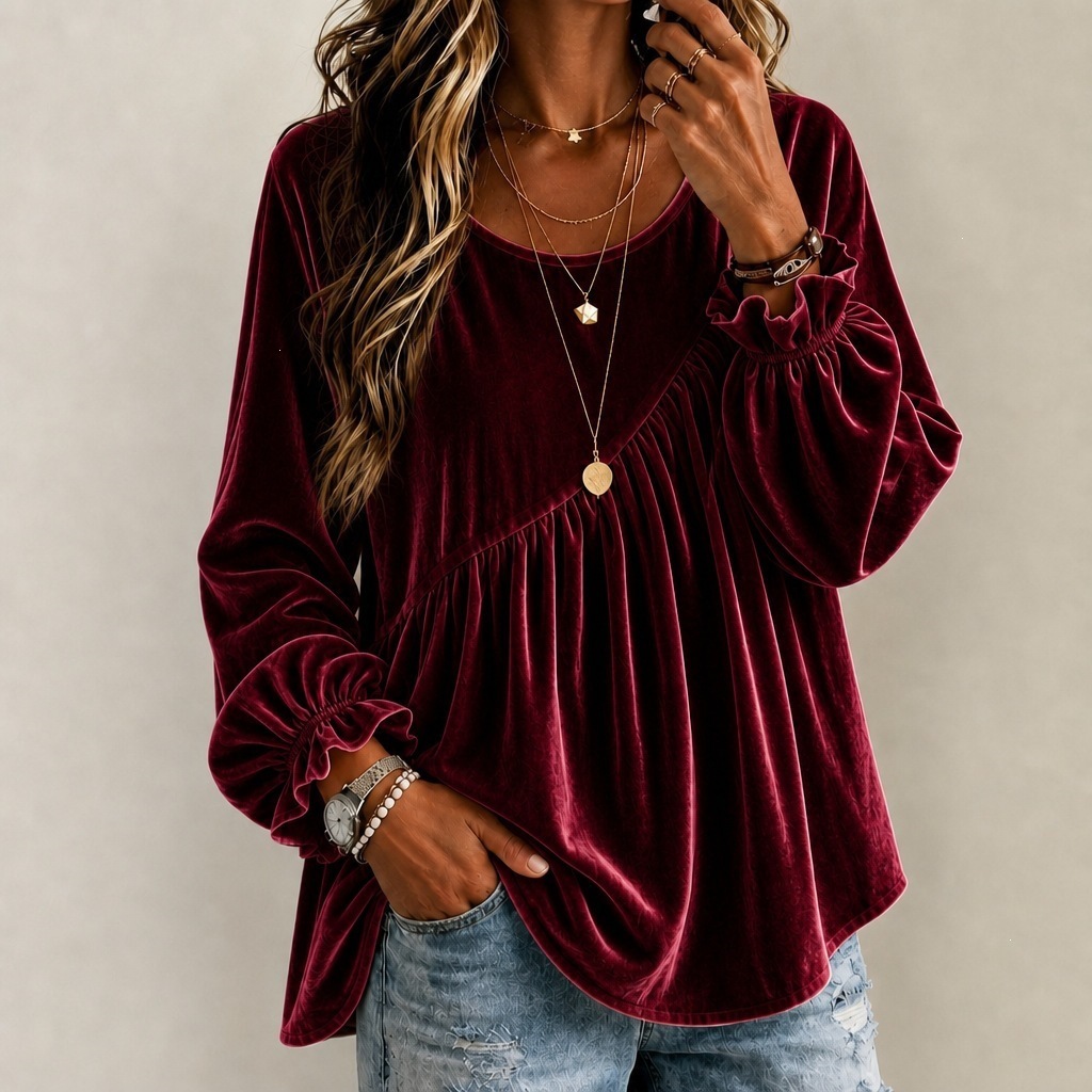 Women's Solid Velvet Round Neck Long Sleeve Loose Irregular Pleated Top