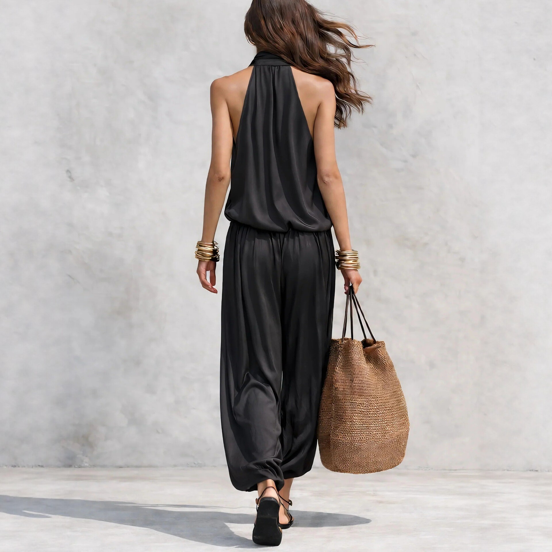 Black Halter Sleeveless Top & Wide-Leg Pants Two-Piece Set