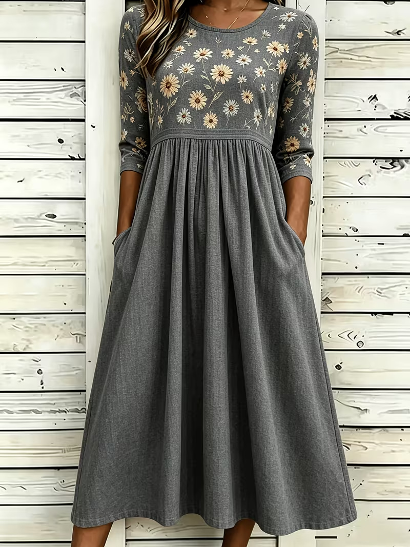 Women's Floral Print Pleated Midi Dress Round Neck Five-Sleeve Slim Fit