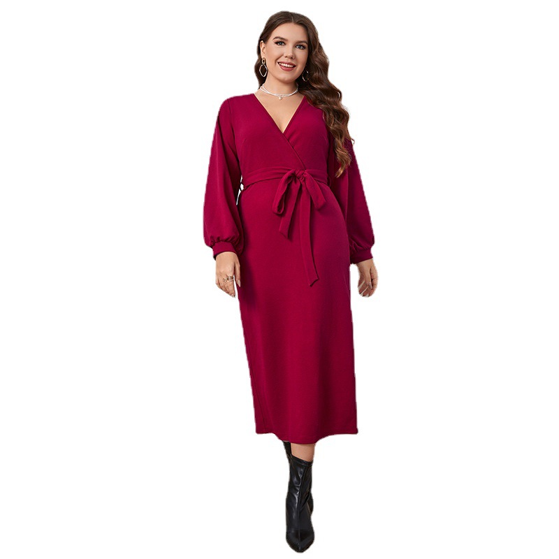 V-Neck Long Sleeve Slim Fit Red Maxi Dress