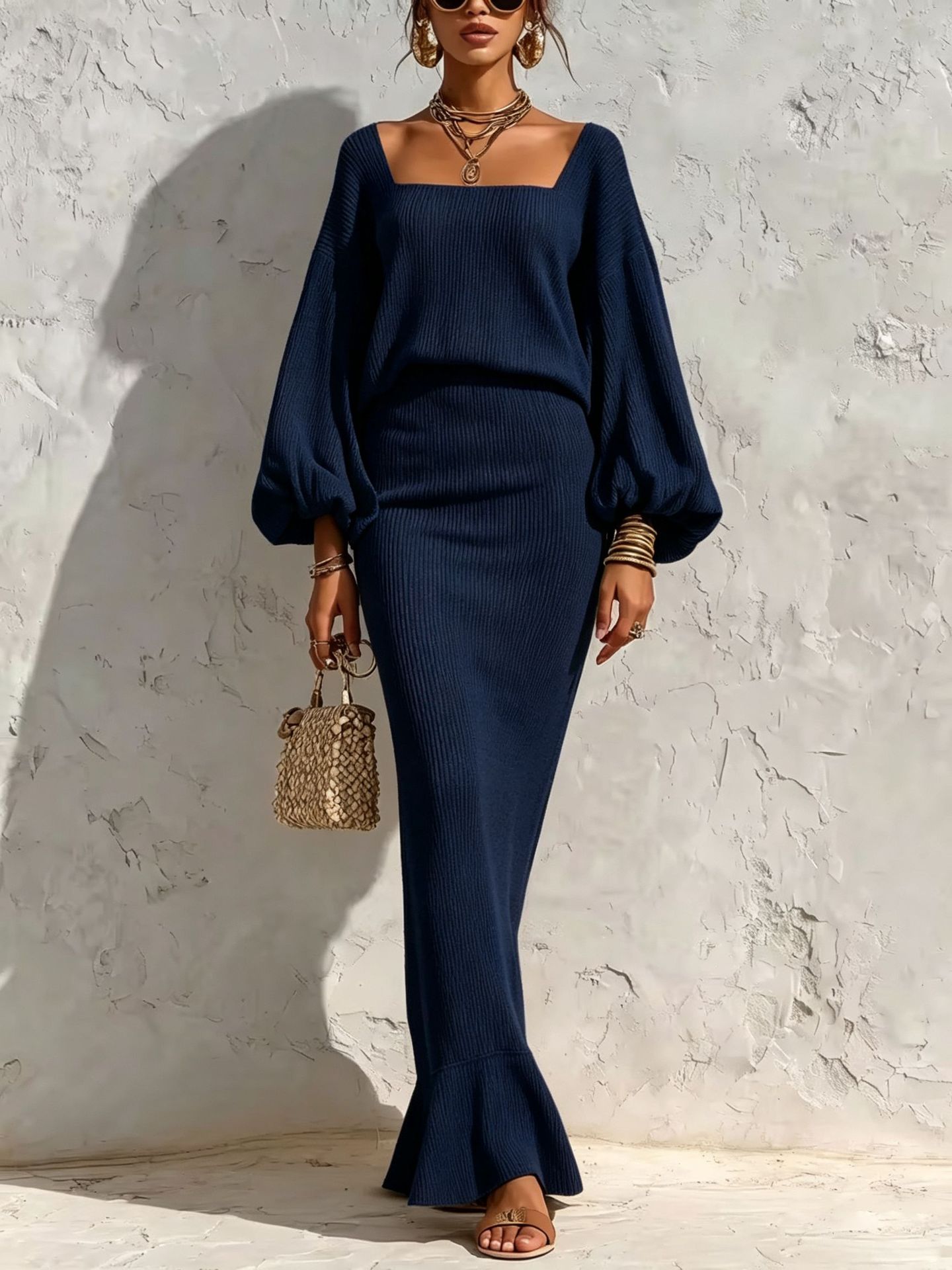 Square Neck Lantern Sleeve Ribbed Knit Two-Piece Set with Mermaid Midi Skirt
