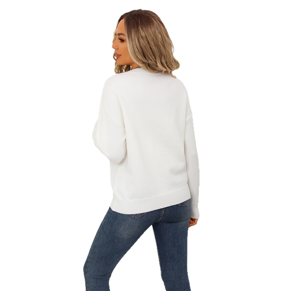 Heart Print Knit Pullover Sweater Loose Fit Crew Neck
