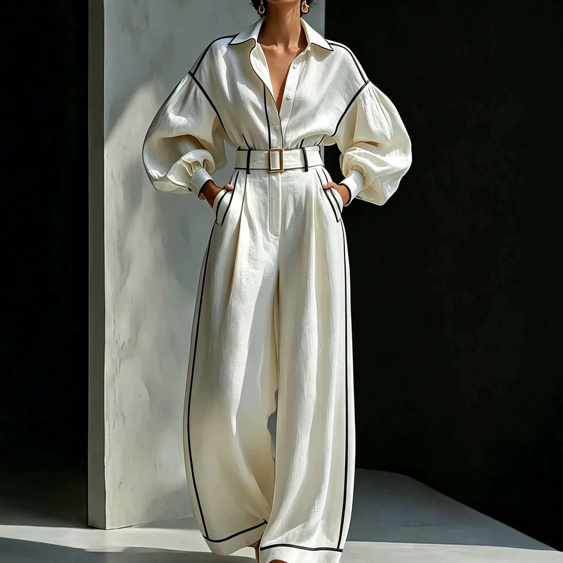 Women's Relaxed Two-Piece Set with Belt – Long Sleeve Shirt & Wide-Leg Pants