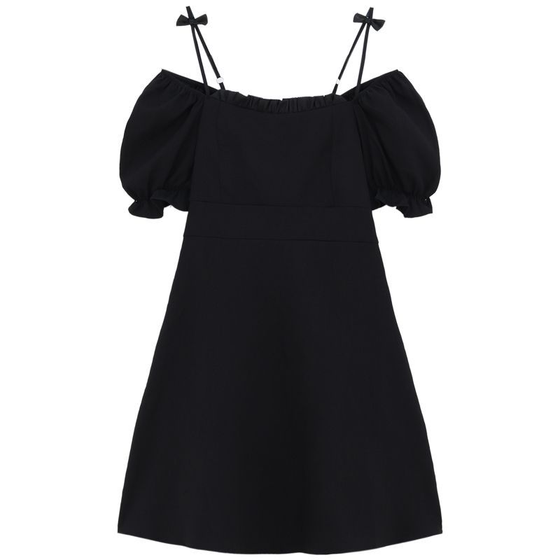 Square Neck Puff Sleeve A-Line Midi Dress in Black