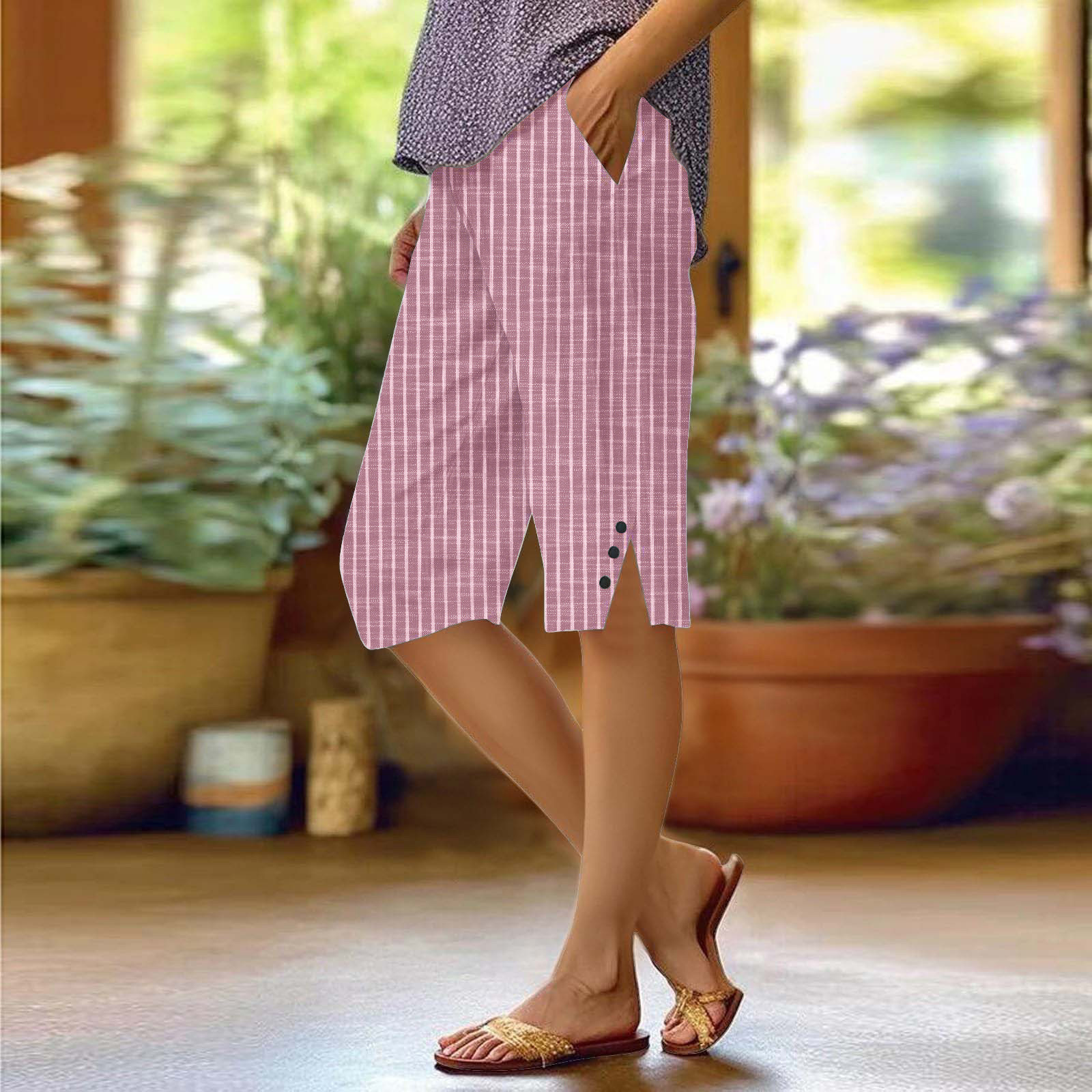Women's Striped Wide-Leg Capri Pants with Elastic Waist