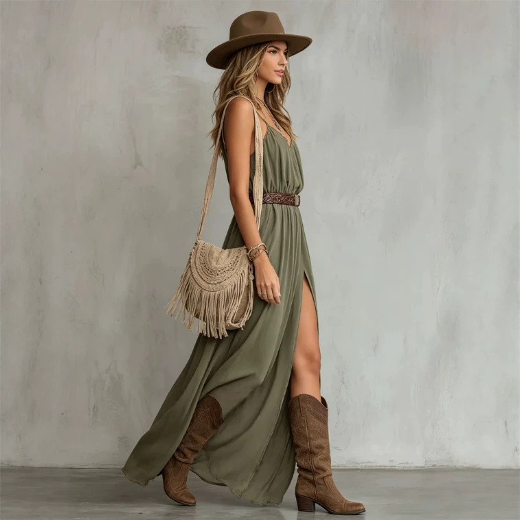 Retro V-Neck Sleeveless Chiffon Maxi Dress with Slit