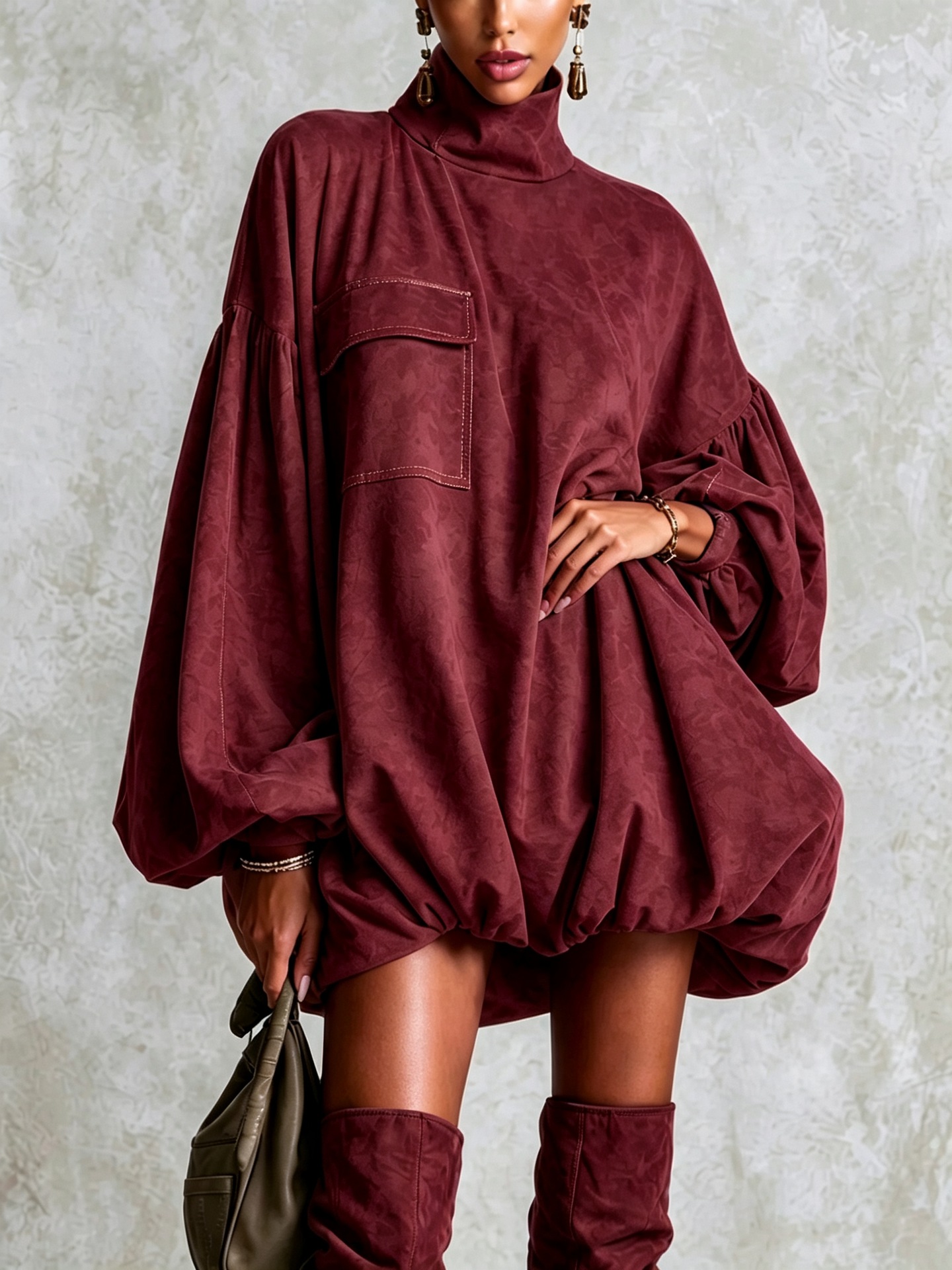 Women's High Neck Lantern Sleeve Bubble Hem Mini Dress with Pockets