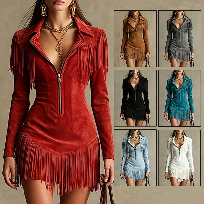 Fringe Long Sleeve Deep V Bodycon Mini Dress