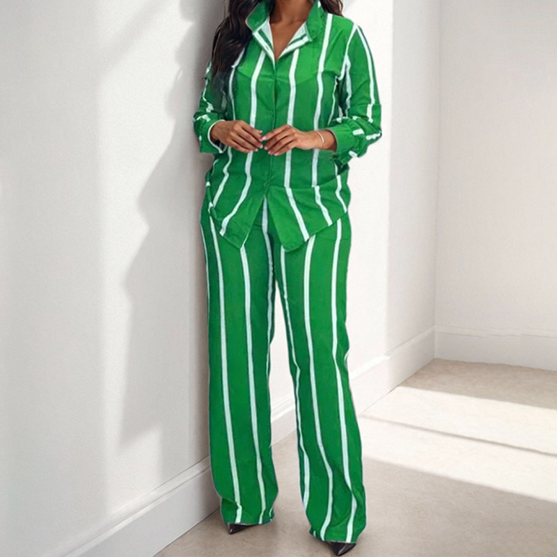 Striped Collared Shirt and Pants Set Casual Two-Piece