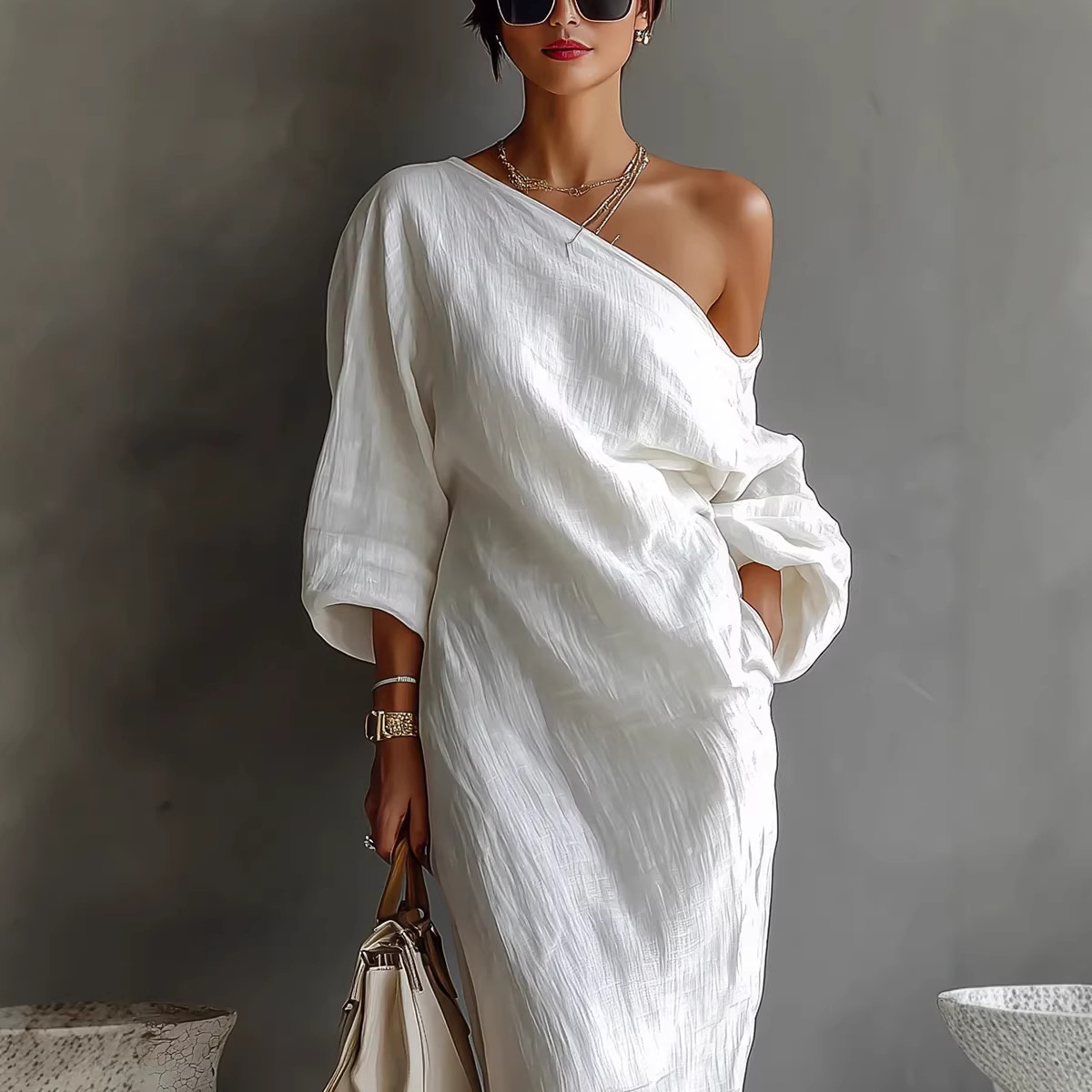 Women's Asymmetric One-Shoulder Long Dress with Pleated Detail