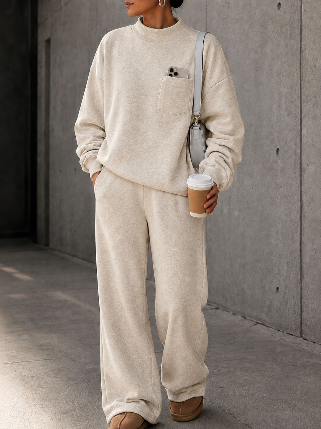 Women's Loose Stand Collar Sweatshirt & Wide-Leg Pants Set Solid Color Casual Sportswear
