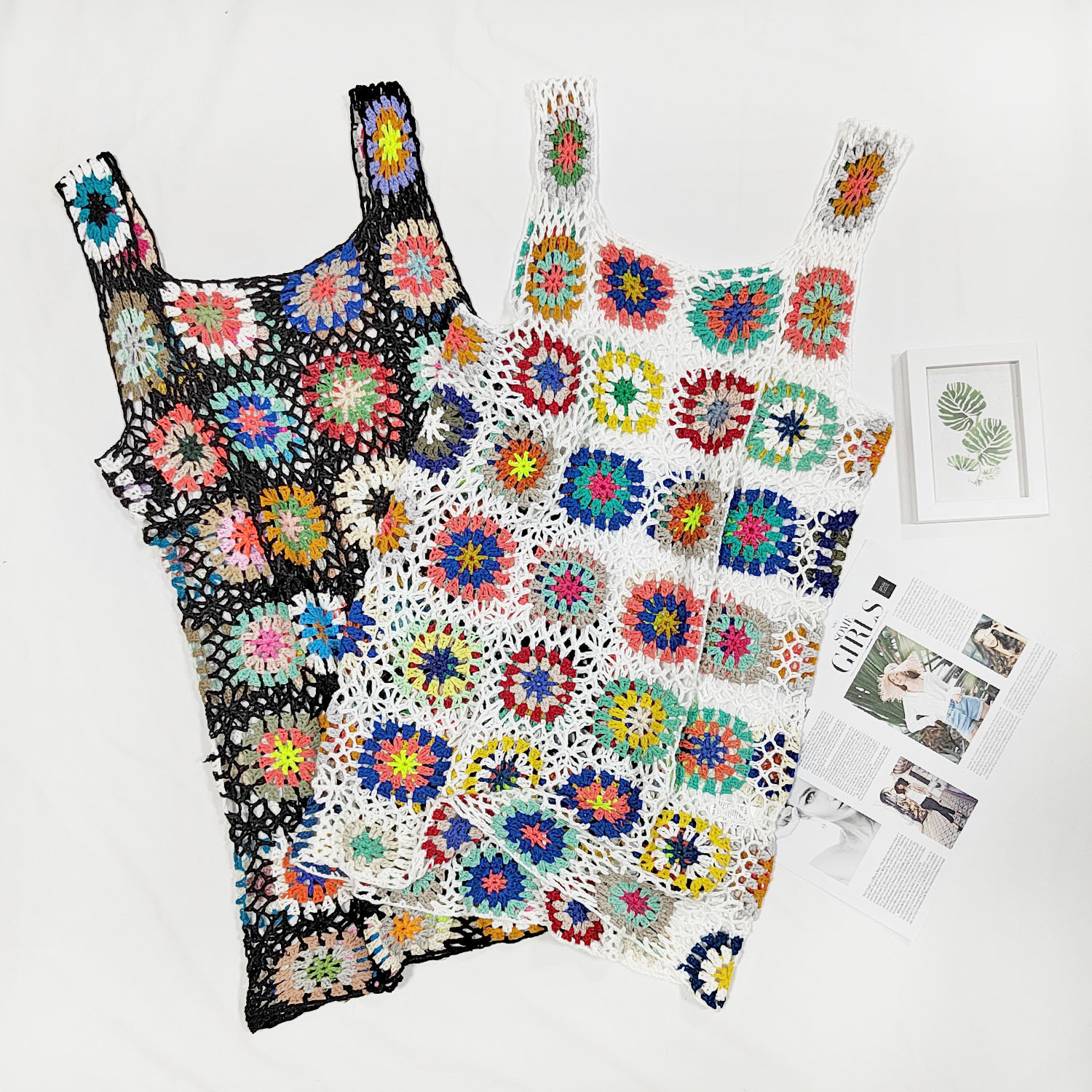 Bohemian Hand-Crocheted Hollow Out Cami Dress Sexy Diamond Grid Vest Dress