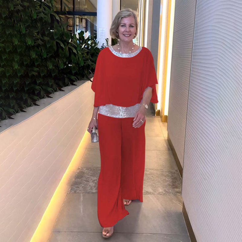 Solid Color Sequin Colorblock Batwing Sleeve Top and Wide-Leg Pants Set