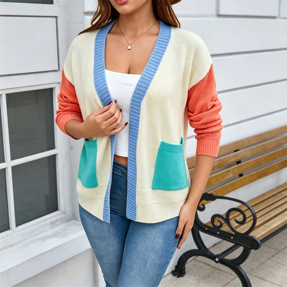 Plus Size Retro Colorblock Pocket Knit Cardigan Sweater Coat