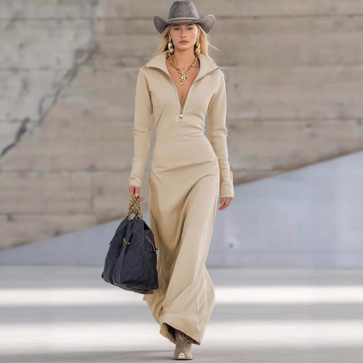Elegant Vintage V-Neck Front Zip Long Sleeve Pink Maxi Dress